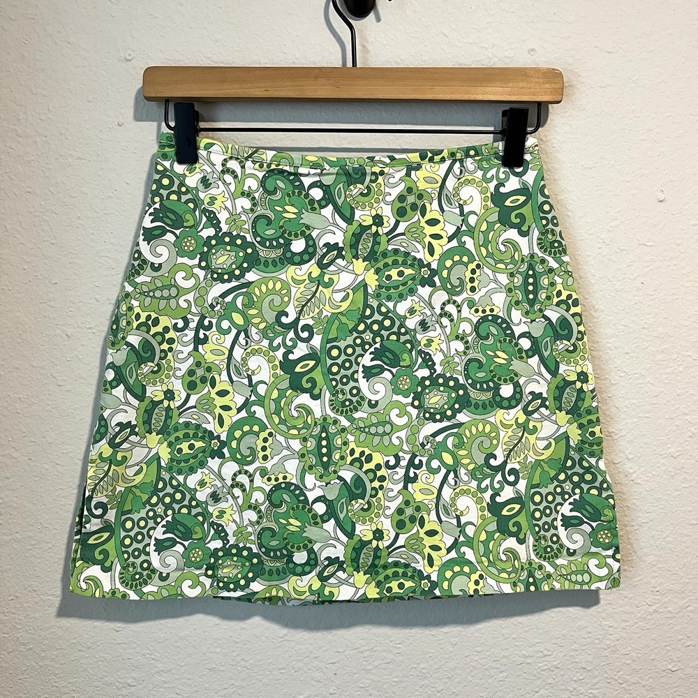 Vintage Bamboo Traders Skort Size 2 Green Paisley Retro Mod Golf Made USA Y2K